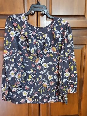 Floral Ruffle Neck Black Blouse - Women Tops